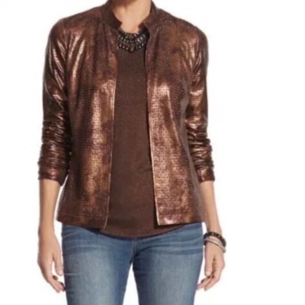 Chicos Travelers Metallic Duster Jacket Copper Mock Neck Open Front Size 2 US12
